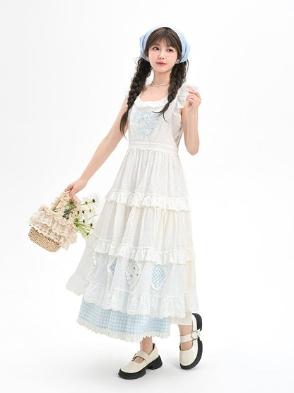 Blue Embroidery Plaid Patch White Flutter Sleeves Lace Trim Tiered Skirt Cutton Overdress