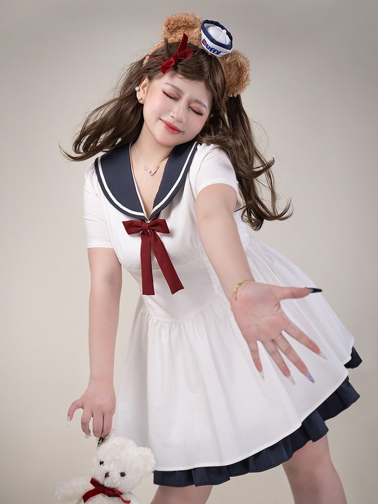 Plus Size White Sailor Collar Basque Waist Summer Dress