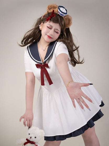 Plus Size White Sailor Collar Basque Waist Summer Dress