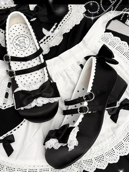 Black Sweet Lolita Low-heel Shoes - Round Toe with Ruffle Lace, Bow Decor & Paired Buckles