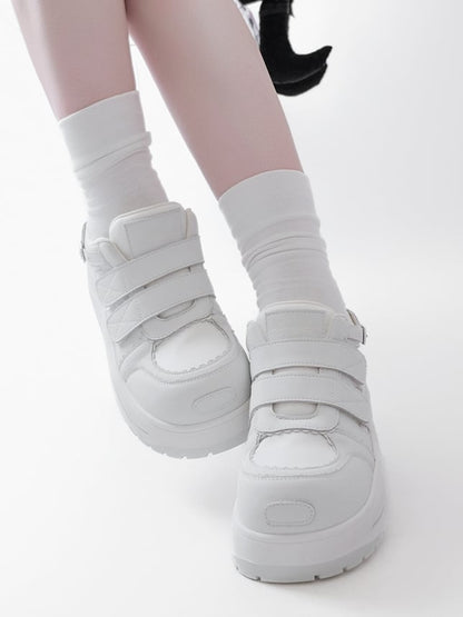 White Velcro Strap Closures Platform Sneakers