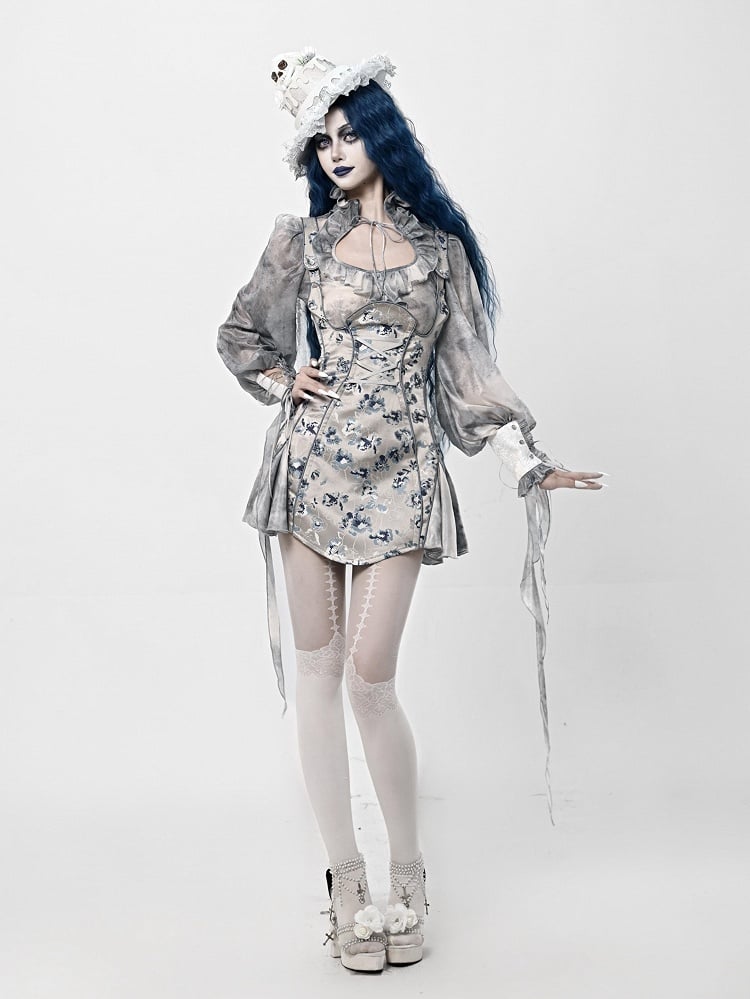 Dusty Blue Under Bust Floral Jacquard Corpse Bride Overall Dress