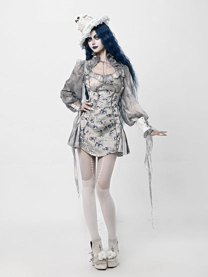 Dusty Blue Under Bust Floral Jacquard Corpse Bride Overall Dress