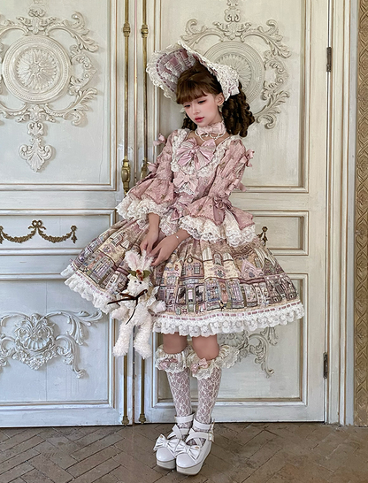 Fairytale Town Theme Pink Square Neckline Sweet Lolita Dress with Bow Accents
