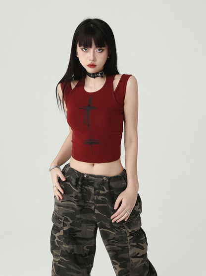 Gothic Wine Red Cross Print Backless Glamorous Cropped Sleeveless Top