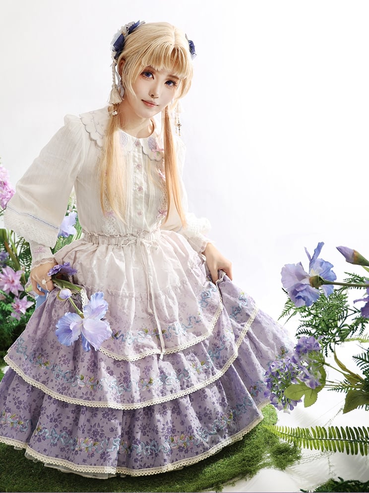 Ombre Violet Delicate Iris Embroidery Tiered Skirt
