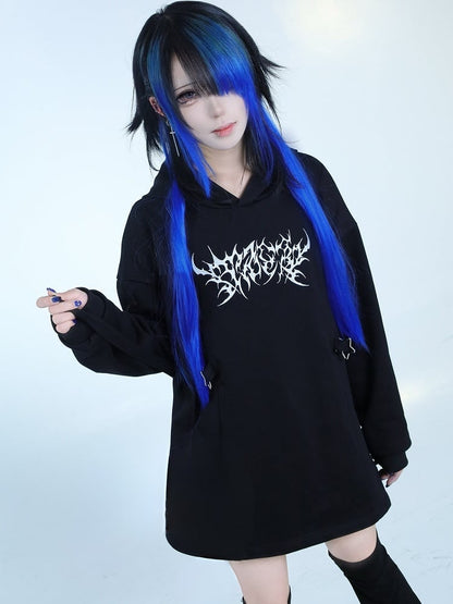 Black Jirai Kei Embroidery Decorated Buckle Details Hoodie