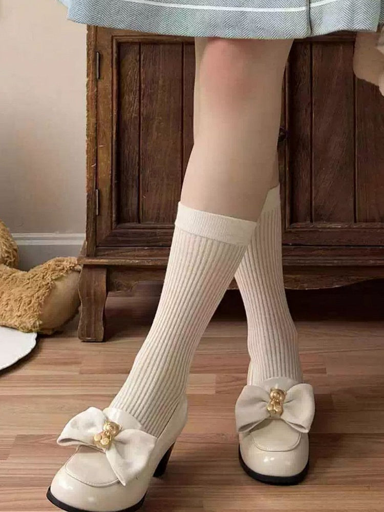 Beige Bear Decorated Bow at Top Loafers