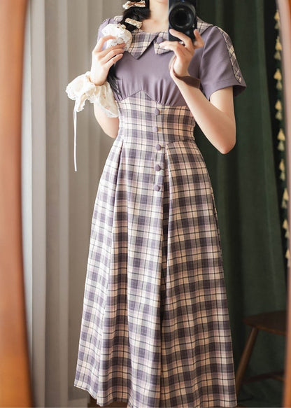 Light Purple Plaid Pattern Slim Fit Waist Retro Fashion Short Sleeves Dress