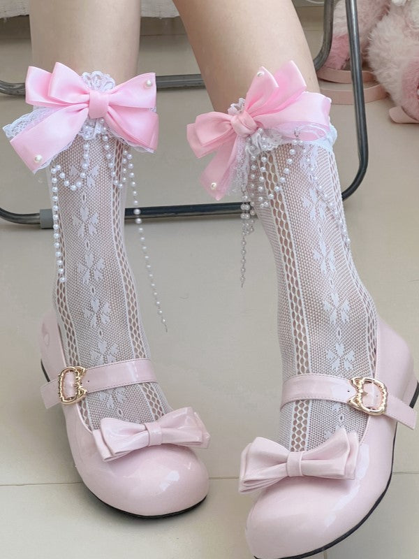 White/Black/Navy Blue/Grey Lolita Bowknot Details Hollow-out Calf Socks