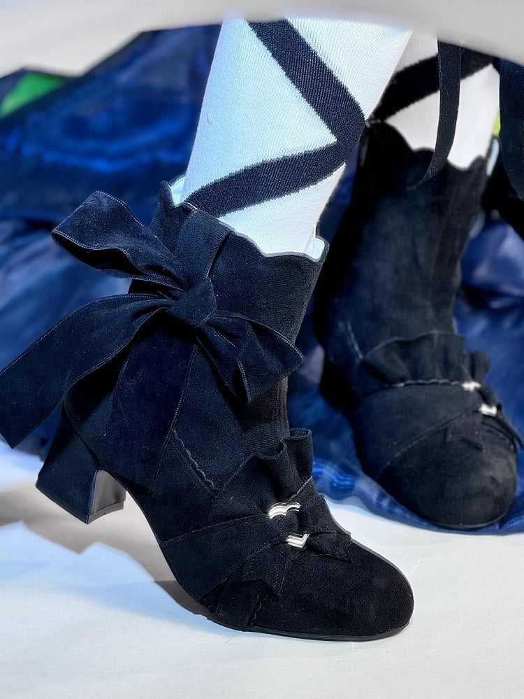 Black Knotted Bow Accent Zip Closure at Sides Ankle Boots