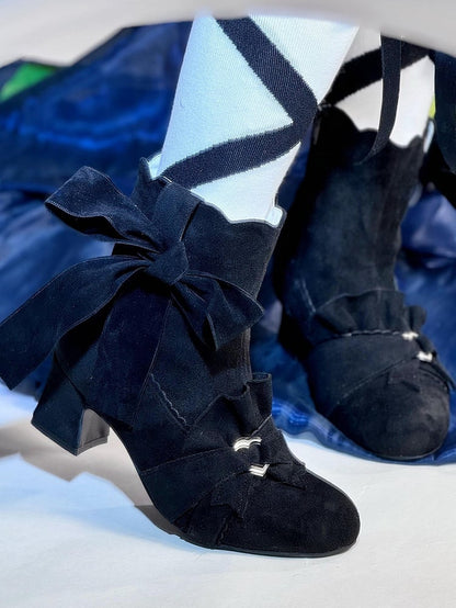 Black Knotted Bow Accent Zip Closure at Sides Ankle Boots