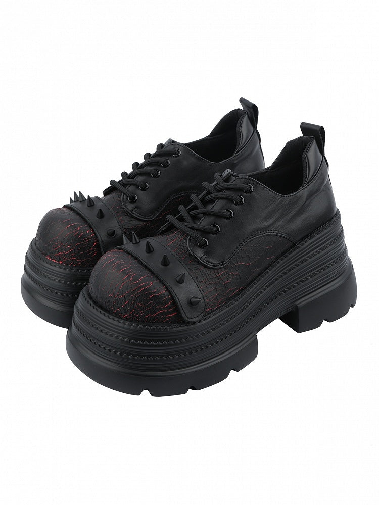 Black & Red Platform Shoes in Gothic Style - Cone Stud Detailing & Lace-up Closure