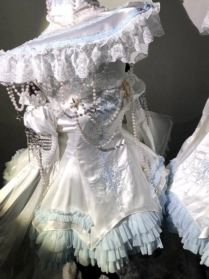 Blue and White Cross Illusion Halter Neck Witch Lolita Backless Dress Gothic JSK Halloween Outfit