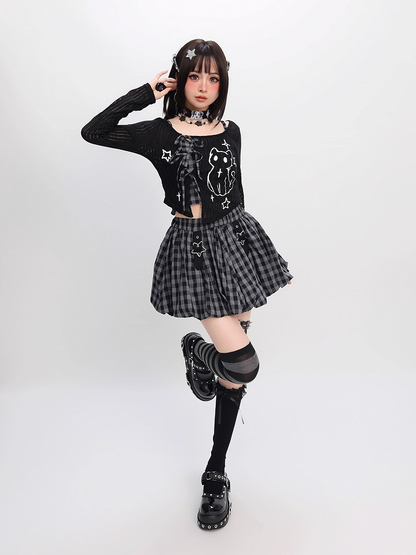 Y2K Star Buckles Black & Red / Black & Gray Plaid Bubble Skirt