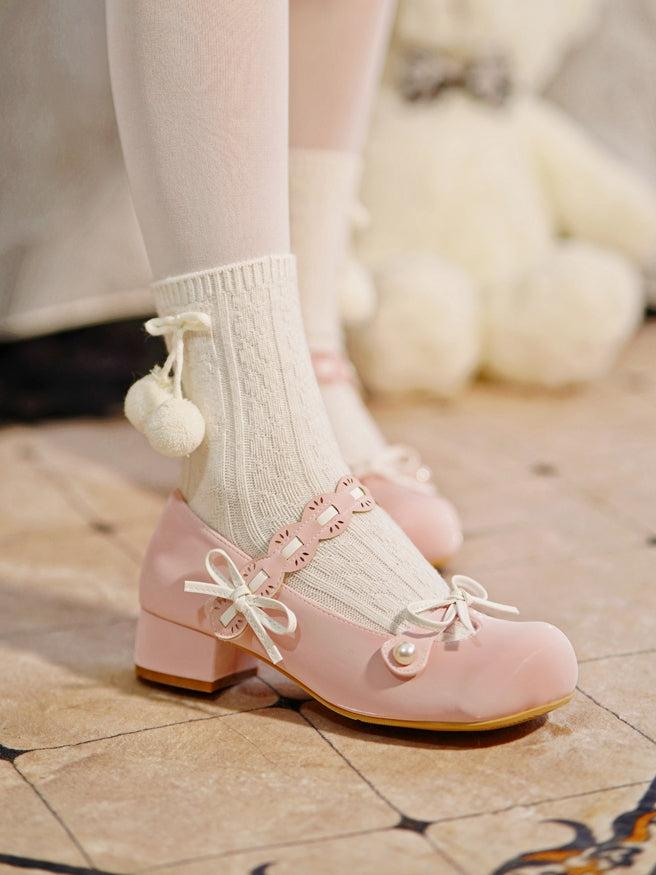 Pink Beaded Decorated Knotted Bow at Top Round Toe Lolita Shoes