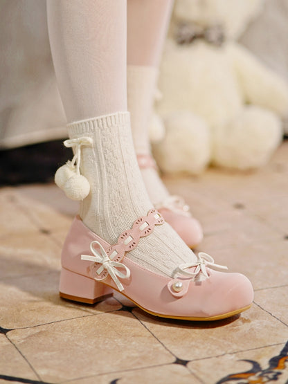 Pink Beaded Decorated Knotted Bow at Top Round Toe Lolita Shoes