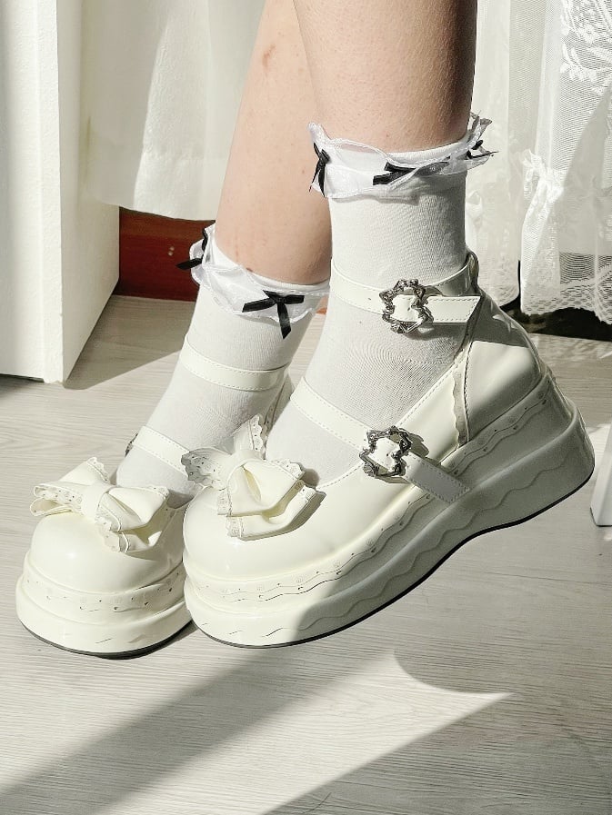 Lolita Cute White Bowknot Cake Pattern Buckle Straps Platform Shoes