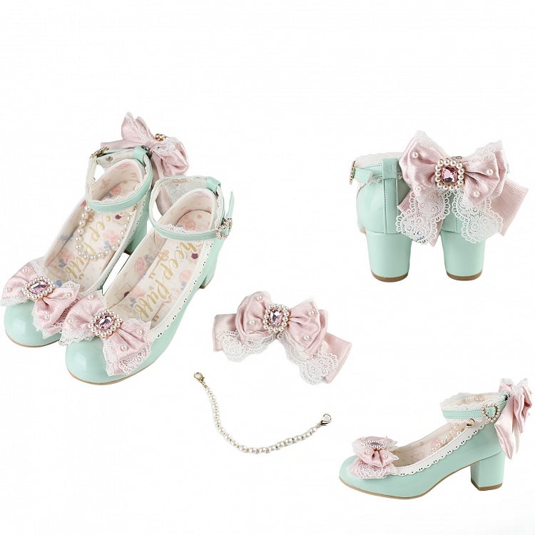 Green&Pink Beaded And Rhinestone Decorated Bow at Top Lace Trim Mary Janes With Detachable Beaded Chain