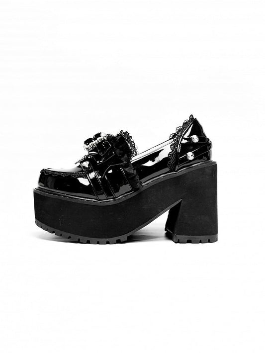 Polished Black Jirai Kei Rhinestone Decorated Bow at Top Lace Trim Platform High Block Heels Slipons