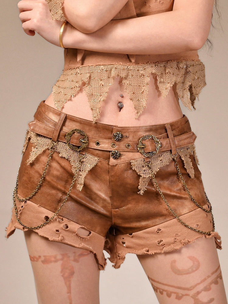 Brown Distressed Low Waist Wasteland Punk Shorts with Chain Accents