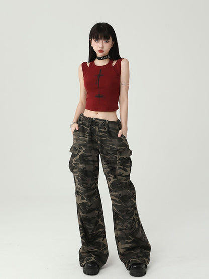 Gothic Wine Red Cross Print Backless Glamorous Cropped Sleeveless Top