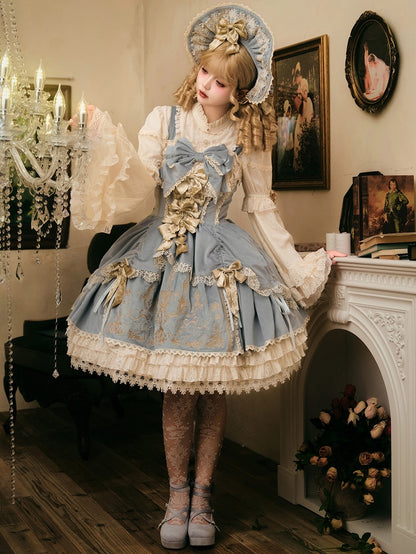 Bows Decoration Candle Embroidery Blue Velvet Dress Lolita JSK / Set