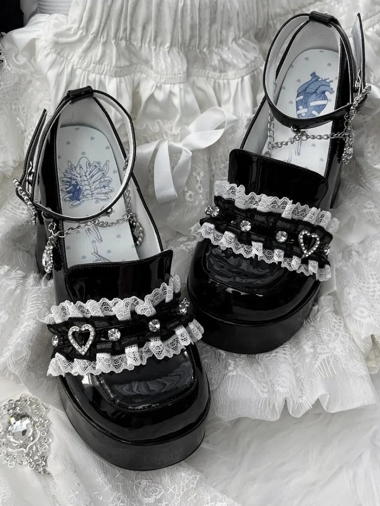 Dark Sweetheart Heels: Jirai Kei Polished Black Platforms with 12cm Block Heel & Rhinestone Chain