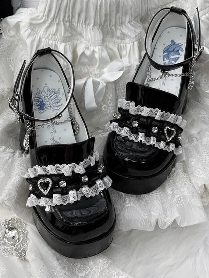 Dark Sweetheart Heels: Jirai Kei Polished Black Platforms with 12cm Block Heel & Rhinestone Chain