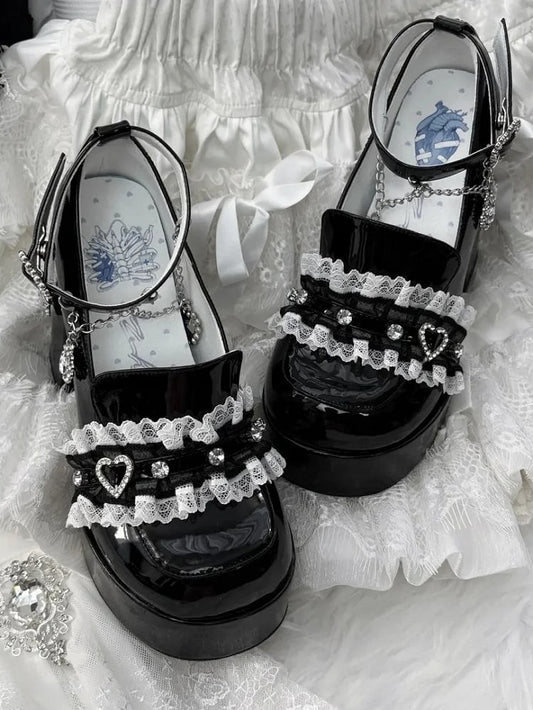 Dark Sweetheart Heels: Jirai Kei Polished Black Platforms with 12cm Block Heel & Rhinestone Chain