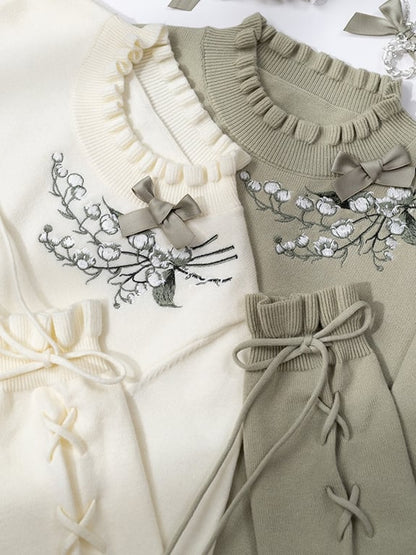 Beige Lily of the Valley Embroidery Lace-up Cuffs Autumn Knit Top
