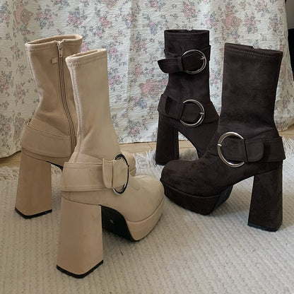 Khaki Lolita Platform Mid-calf Boots - Square Toe High Block Heel with Buckle Accents & Inner Zip