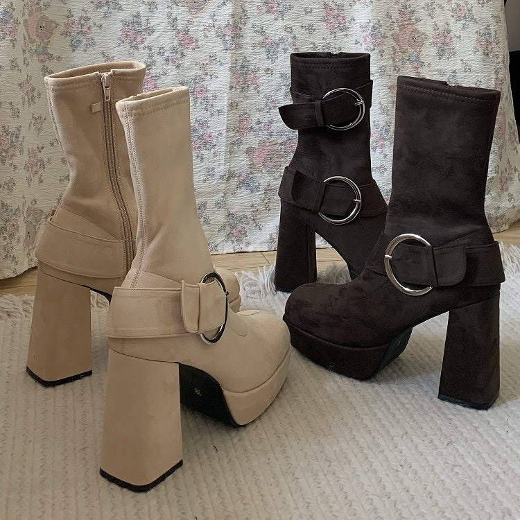 Buckle Details & Inner Zip Closure Square Toe Brown Mid-calf Boots with Platform High Block Heel