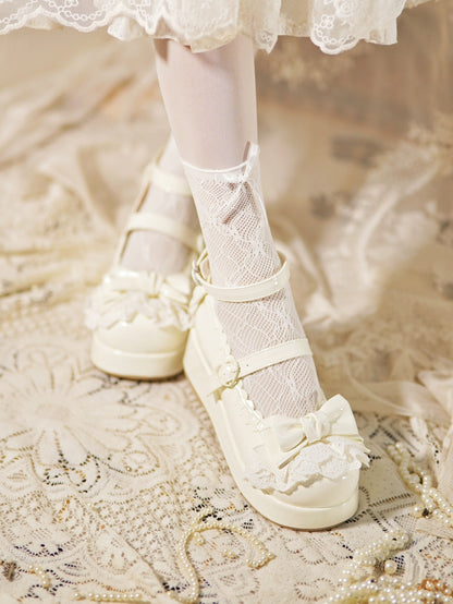 Milky White Bow at Top Lace Trim Heart Buckles Platforms