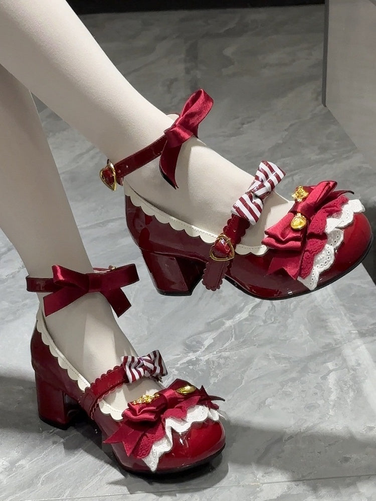Wine Red Spoon Decorated Bowknot Details Sweet Lolita High Block Heels