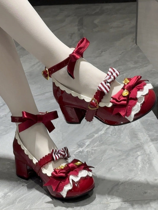 Wine Red Spoon Decorated Bowknot Details Sweet Lolita High Block Heels