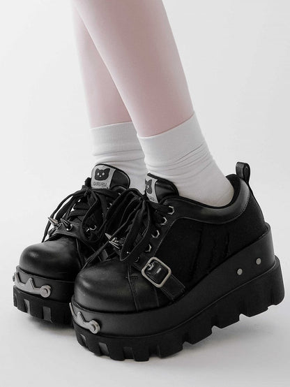 Black Punk Studs Details Buckle Strap Front Lace-up Ties Platforms