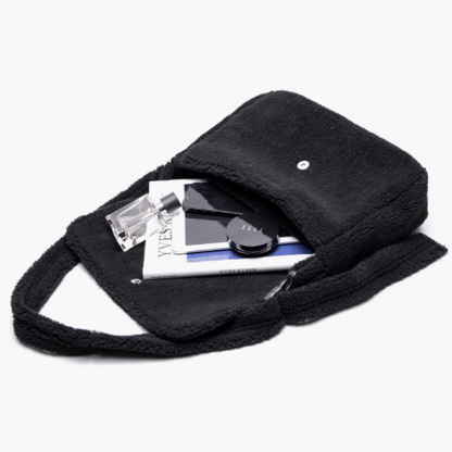 Elegant Black Letter Embroidered Fuzzy Tote Bag- Perfect For Fall And Winter