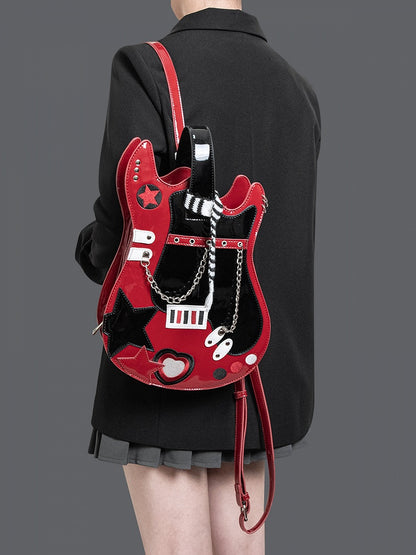Red & Black Star Design Sweetheart Embroidered Guitar-shaped Bag