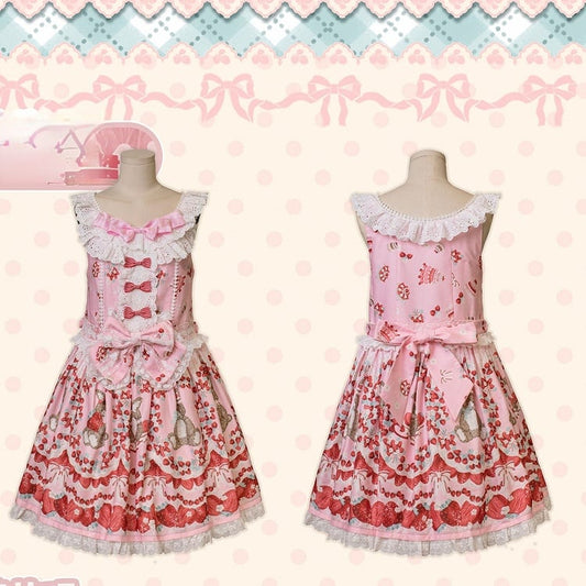 Strawberry and Bunny Print Pink Cottagecore Country Lolita Sleeveless Dress Bowknot Details at Waist