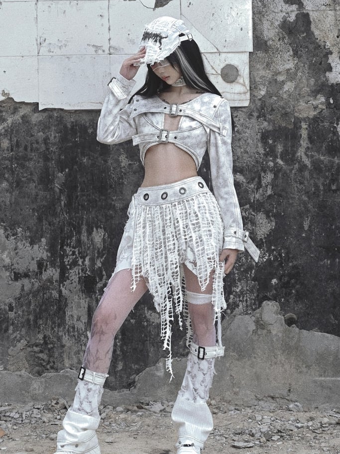 Grey Punk Buckle Closure Padded Shoulders Cropped Top