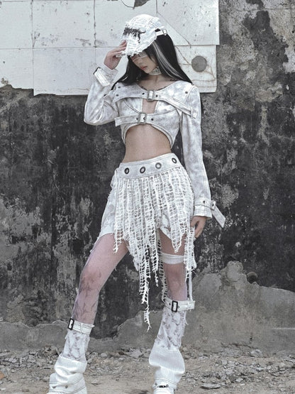 Grey Punk Buckle Closure Padded Shoulders Cropped Top