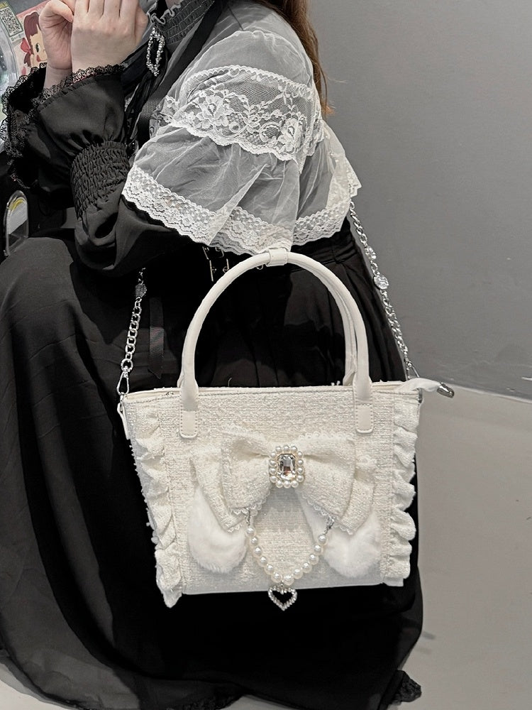 White Triple-Carry Handbag with Ruffles Trim in Elegant Lolita - Beaded And Rhinestone Heart Charm & Plush Bunny Ear Bow