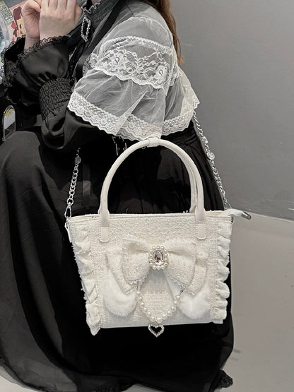 White Triple-Carry Handbag with Ruffles Trim in Elegant Lolita - Beaded And Rhinestone Heart Charm & Plush Bunny Ear Bow