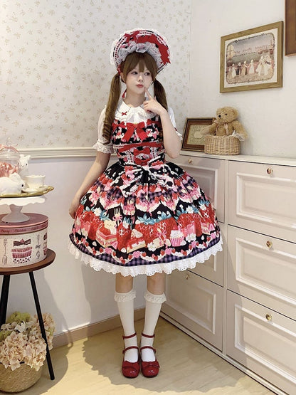 Strawberry and Dessert Print Black Sweet Lolita Dress