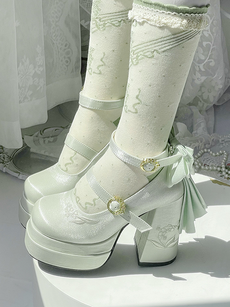 Light Green Detachable Bowknot Lily of the Valley Embroidery High Block Heel Platform Mary Janes