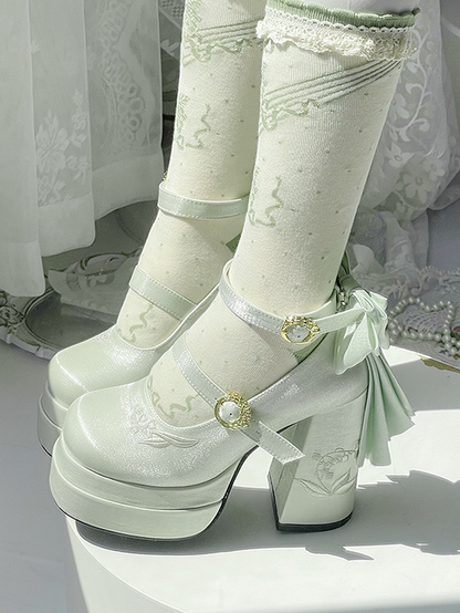 Light Green Detachable Bowknot Lily of the Valley Embroidery High Block Heel Platform Mary Janes