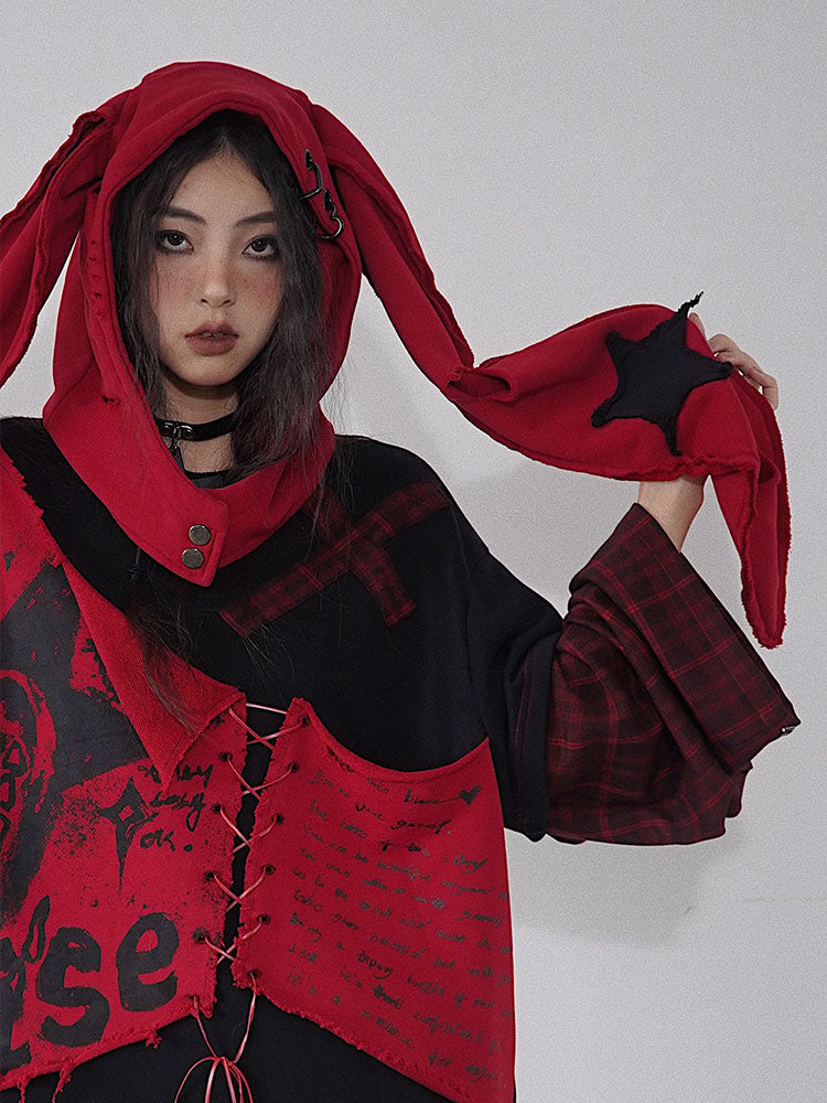 Distressed Holes Punk Bunny Ears Hat Black/Red