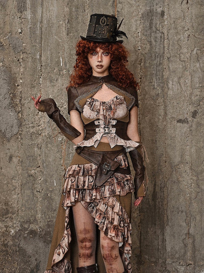 Brown Steampunk Open Bust PU Leather Banded Collar Top