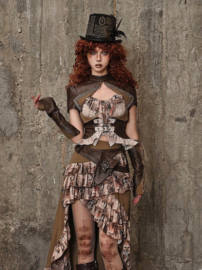 Brown Steampunk Open Bust PU Leather Banded Collar Top